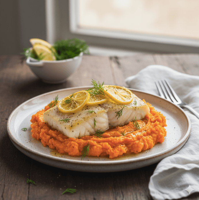 Baked Lemon Herb Cod with Mashed Sweet Potatoes