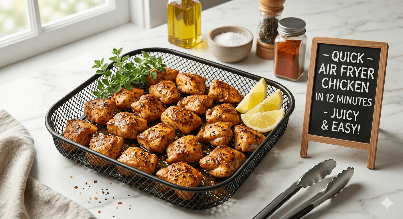 Crispy golden air fryer chicken bites close-up, juicy inside, natural light, high detail food photography
