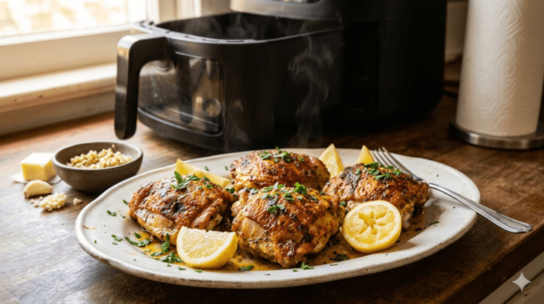 Close-up of juicy sliced chicken breast with crispy edges, air fryer basket in background, natural light, realistic food photography