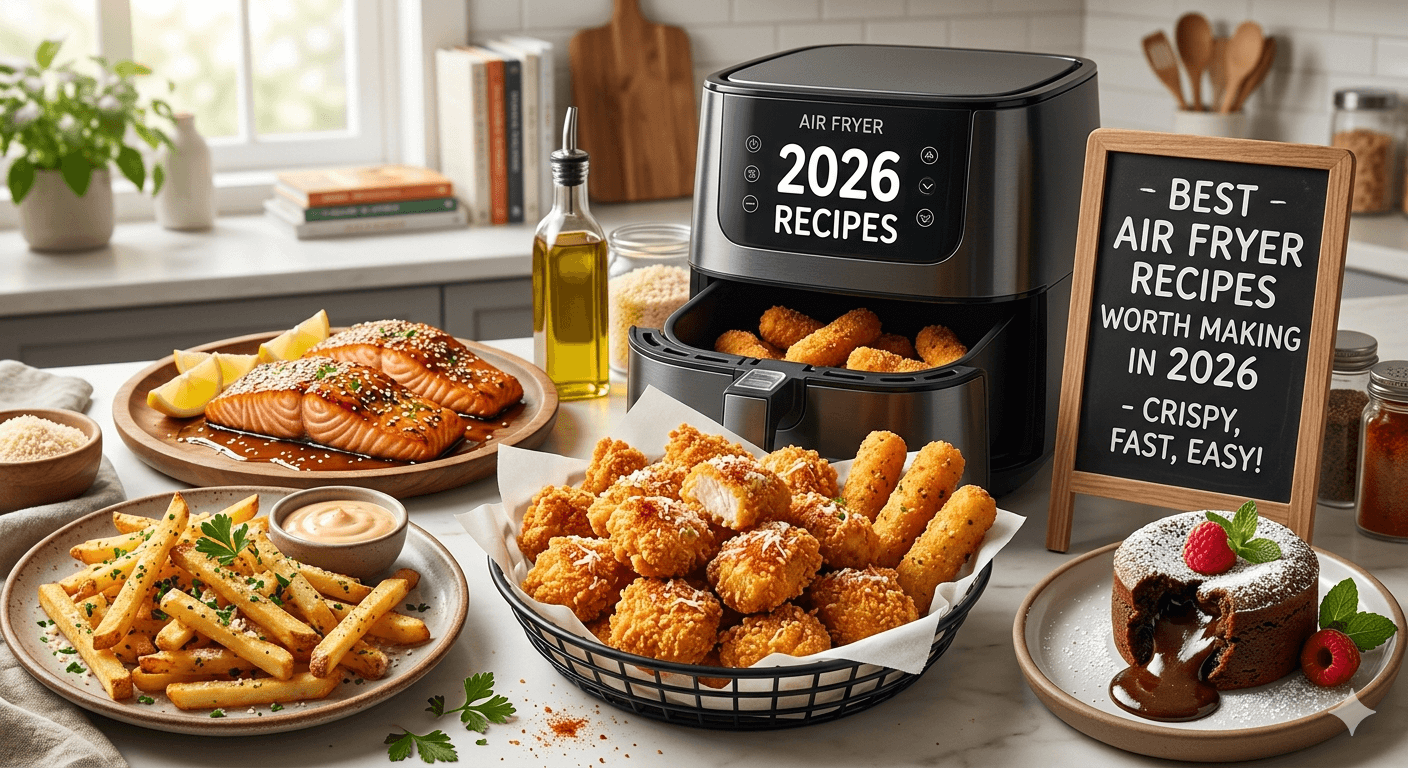 Golden crispy air fryer chicken bites on a modern plate, natural lighting, close-up, food photography