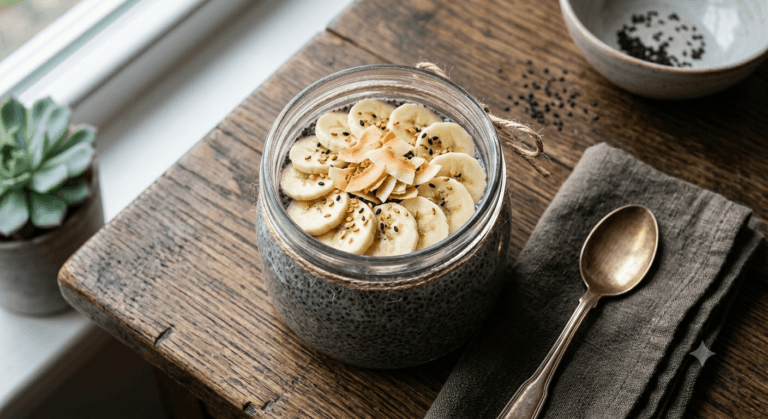 Overhead shot of black sesame chia pudding in a glass jar, topped with sliced banana and toasted coconut flakes