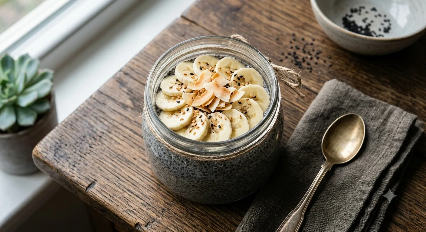 Overhead shot of black sesame chia pudding in a glass jar, topped with sliced banana and toasted coconut flakes