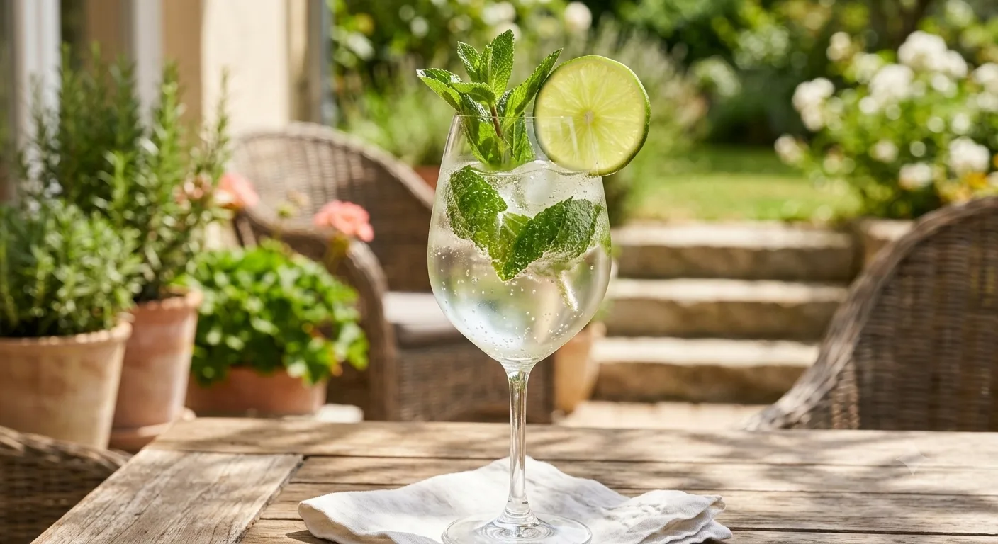 Hugo Spritz cocktail in a wine glass with prosecco, mint, and a lime wheel garnish